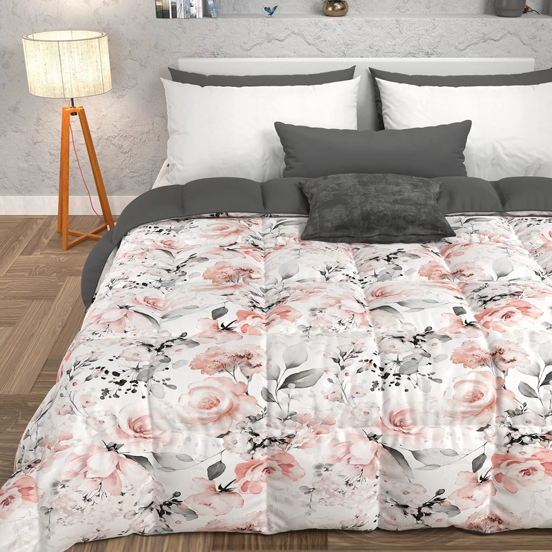 PETTI Artigiani Italiani - Quilt, Winter Duvet, Winter Quilt, Single Double Sided Quilt Solid Colour and Digital Floral Print 17 White, 100% Hypoallergenic Microfibre, Made in Italy