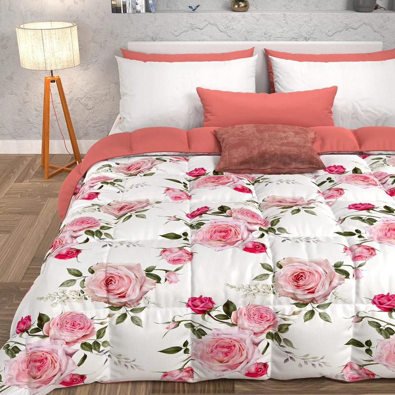 PETTI Artigiani Italiani - Winter Quilt, Winter Duvet, Double Sided Quilt, Solid Colour and White Floral Digital Print, 100% Microfibre, Made in Italy
