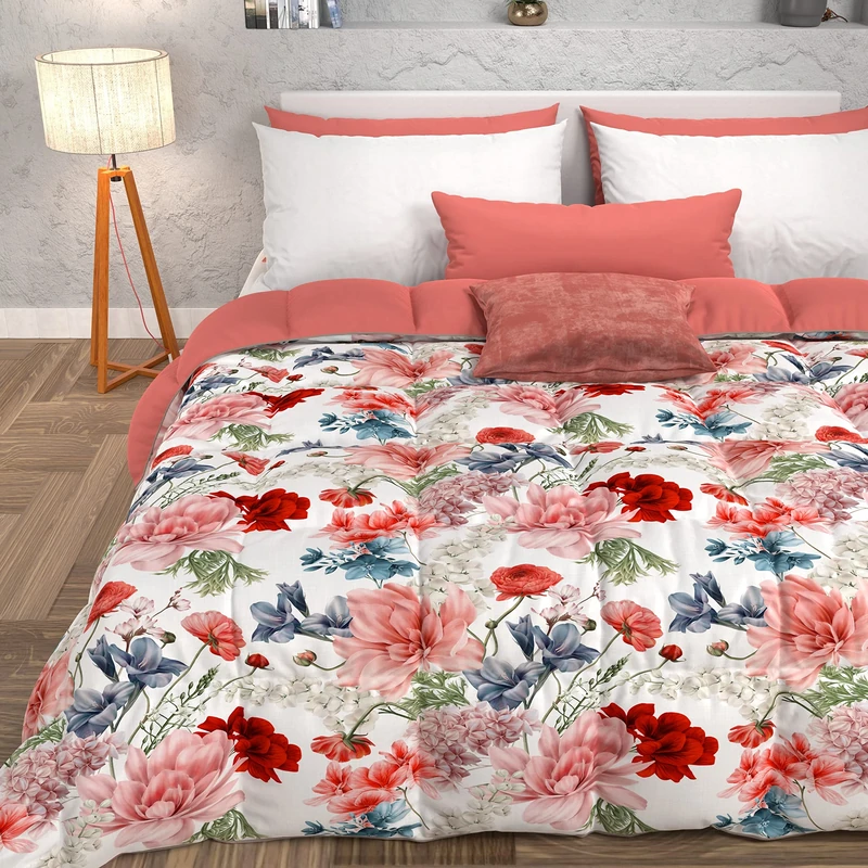 PETTI Artigiani Italiani - Quilt, Winter Duvet, Winter Quilt, Single Double Face Quilt Solid Color and Digital Floral Print 19 White, 100% Anti-Allergic Microfiber, Made in Italy