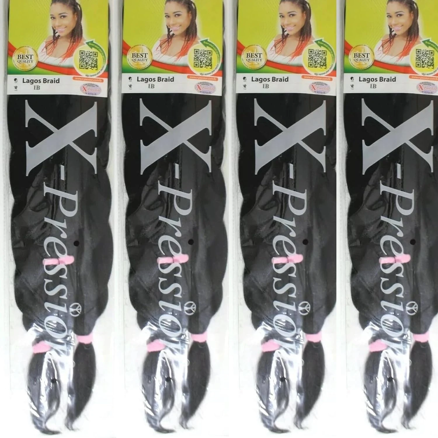 X-Pression 1B 4 PACK XPRESSION LAGOS BRAID Pre-Pulled Hair Extension, Braiding Hair, 42″ & 46″ Pack, (Colour 1B, Natural Black), 4.0 count