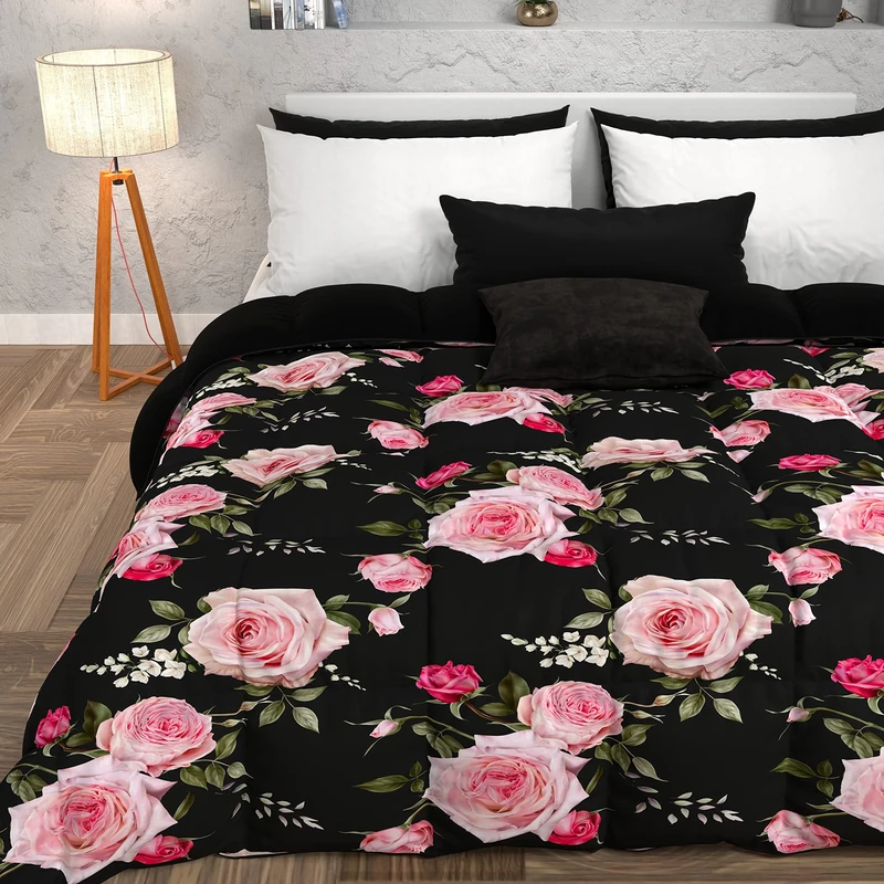 PETTI Artigiani Italiani - Quilt, Winter Duvet, Winter Quilt, Double Faced Double Faced and Black Floral Digital Print, 100% Hypoallergenic Microfiber, Made in Italy