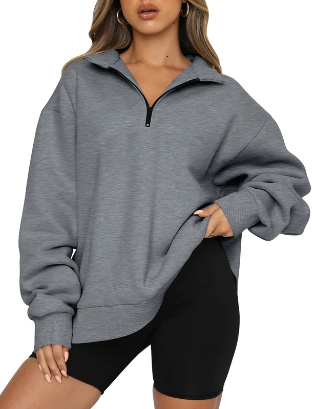 Trendy Queen Womens Oversized Half Zip Pullover Long Sleeve Sweatshirt Quarter Zip Hoodie Sweater Teen Girls Fall Y2K Clothes, Darkgrey, Medium