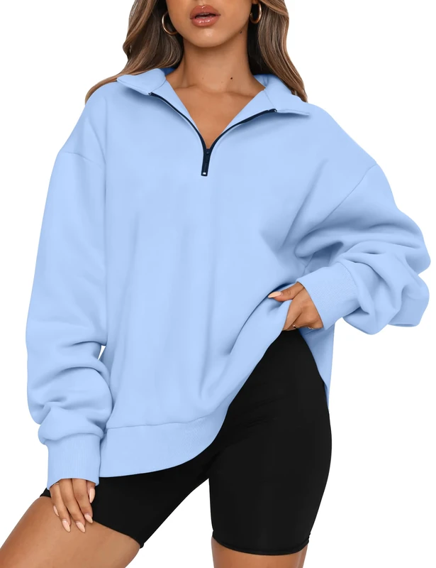 Trendy Queen Womens Oversized Sweatshirts Fall Fashion Hoodies Half Zip Pullover Long Sleeve Shirts Clothes Outfits, Lightblue, S - Image 1