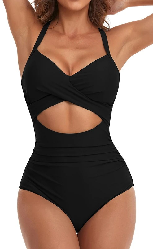 Eomenie Women's One Piece Swimsuits Tummy Control Cutout High Waisted Bathing Suit Wrap Tie Back 1 Piece Swimsuit, Black-01, X-Small