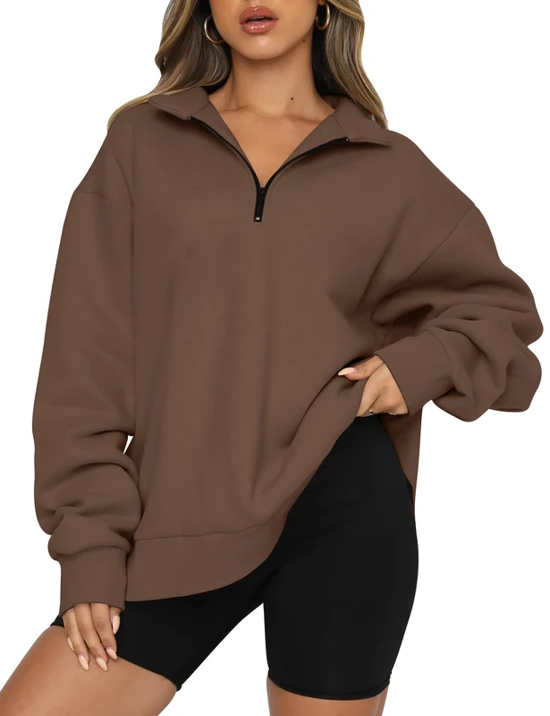 Trendy Queen Womens Oversized Sweatshirts Fall Fashion Hoodies Half Zip Pullover Long Sleeve Shirts Clothes Outfits, Brown, XL