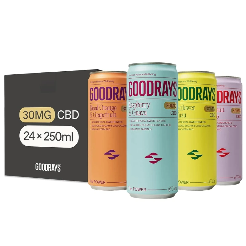GOODRAYS CBD Drinks, Sparkling Low Calorie Soft Drink, Vegan, 4 Flavour Mixed Pack, 24 x 250ml Cans, Packaging May Vary
