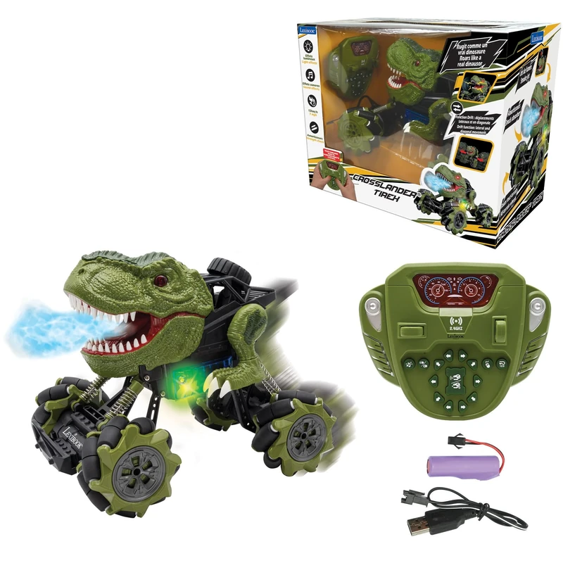 LEXIBOOK, Crosslander® Tirex, Remote control dinosaur car, up to 12km/h, skids, crazy stunts, smoke and sound effects, off-road car, rechargeable, child, RC57