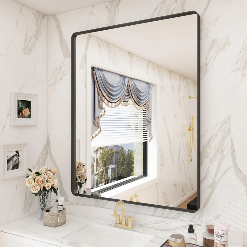 CHARMOR 28X36 Black Matte Bathroom Mirror, Rectangle Framed Vanity Mirror for Wall, Rounded Corner, Anti-Rust, Shatterproof (Horizontally/Vertically)