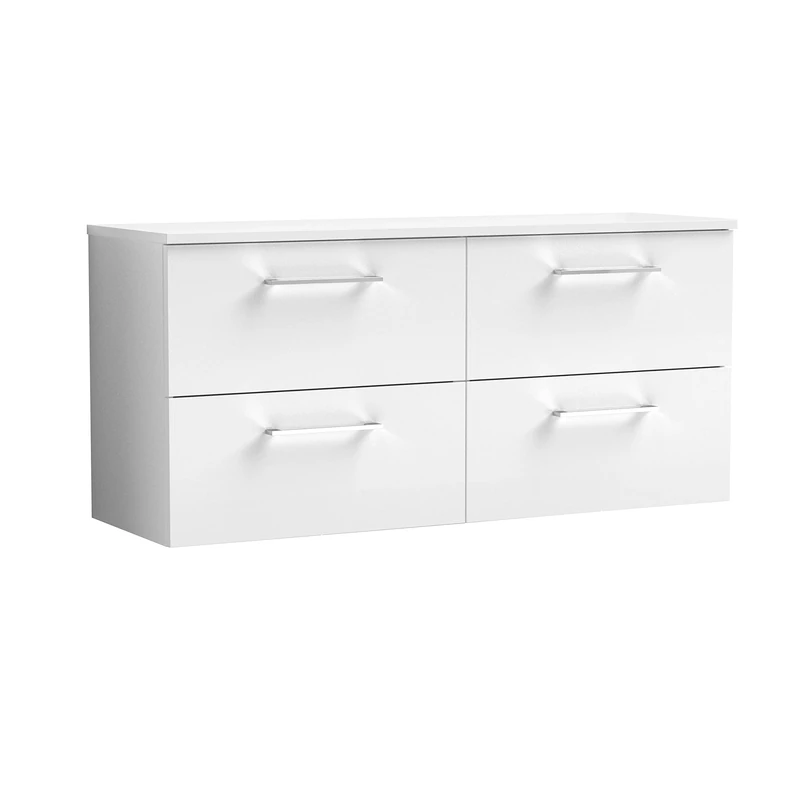 nuie ARN124W2 Arno Modern Bathroom Wall Hung 4 Drawer Double Vanity Unit with Colour Worktop, Gloss White
