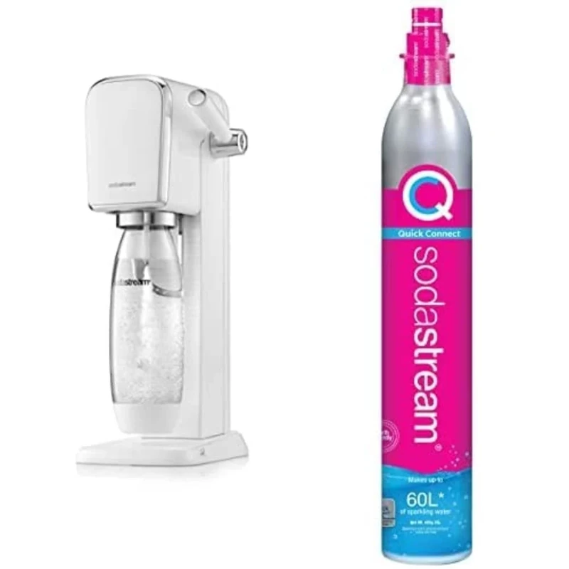 SodaStream Art Sparkling Water Maker, Sparkling Water Machine & 1L Fizzy Water Bottle, Retro Drinks Maker w. BPA-Free Water Bottle & 2x 60L SodaStream Gas Cylinders for Home Carbonated Water - White