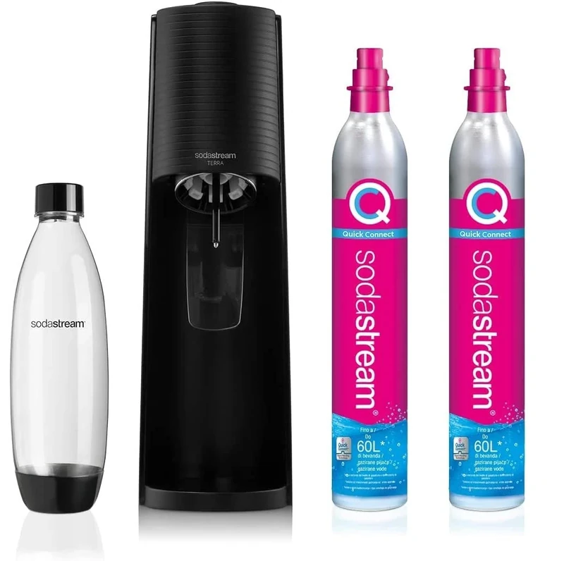 SodaStream Terra Sparkling Water Maker, Sparkling Water Machine & 1L Fizzy Water Bottle, Retro Drinks Maker w.BPA-Free Water Bottle & 2x Quick Connect Co2 Gas Bottles for Home Carbonated Water - Black