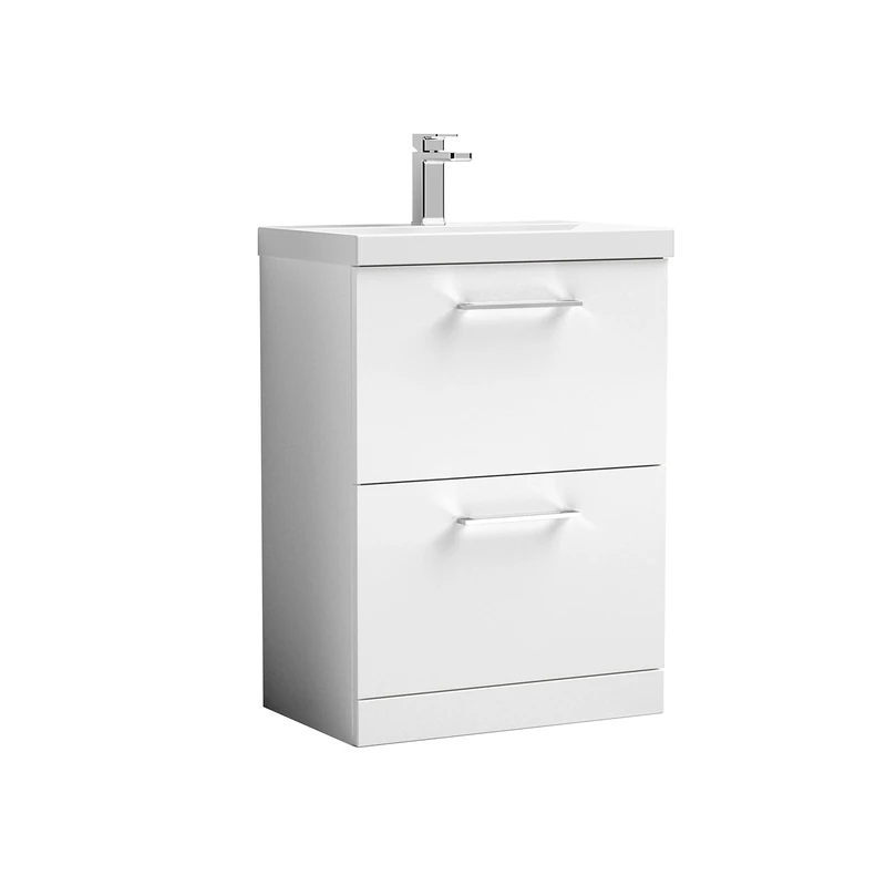 nuie ARN133A Arno Modern Bathroom Floor Standing 2 Drawer Vanity Unit with Mid-Edge Ceramic Basin, Gloss White