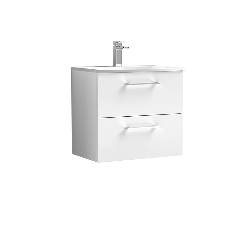 nuie ARN124G Arno Modern Bathroom Wall Hung 2 Drawer Vanity Unit with Curved Ceramic Basin, Gloss White