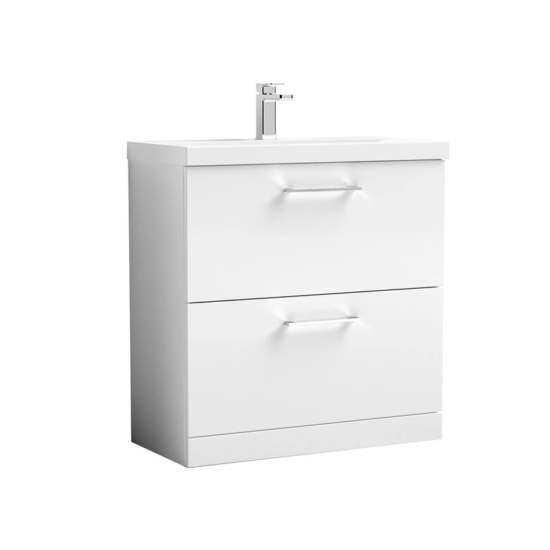 nuie ARN135A Arno Modern Bathroom Floor Standing 2 Drawer Vanity Unit with Mid-Edge Ceramic Basin, 800mm, Gloss White
