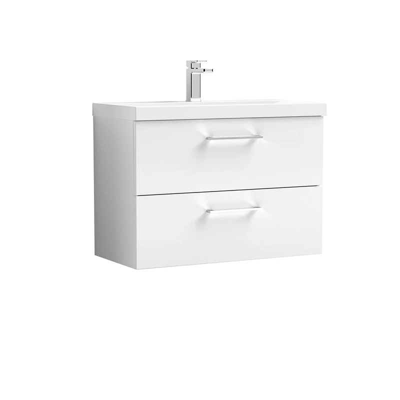 nuie Modern Bathroom Wall Hung 2 Drawer Vanity Unit with Thin-Edge Ceramic Basin, Gloss White, 800mm