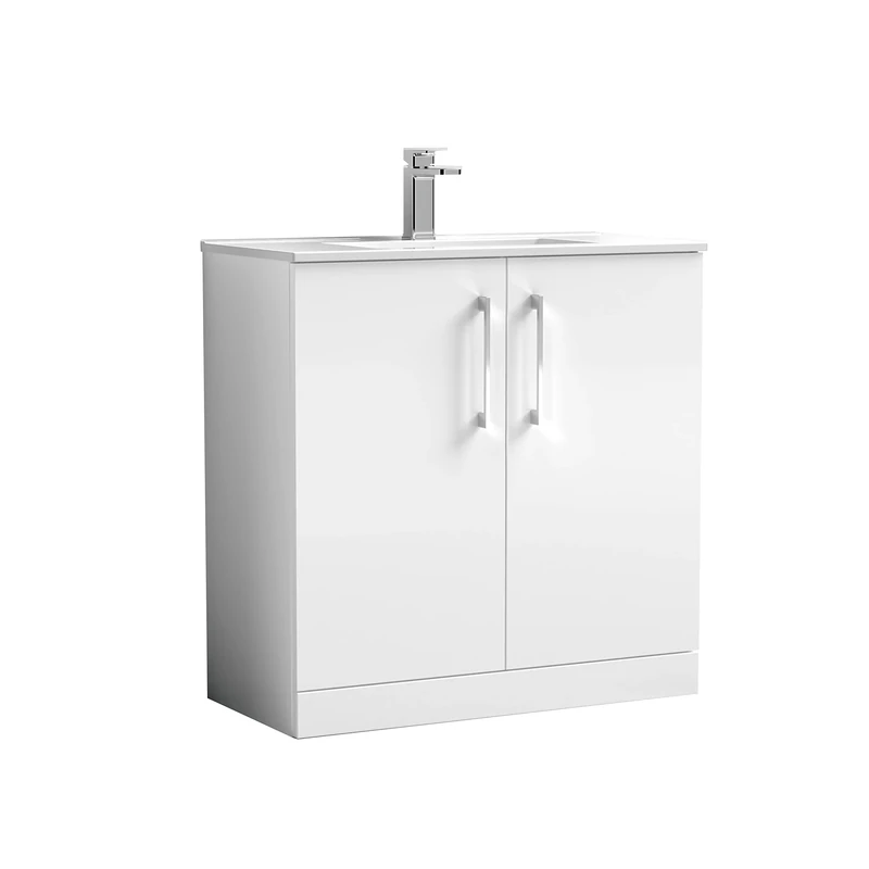 nuie ARN105B Arno Modern Bathroom Floor Standing 2 Door Vanity Unit with Minimalist Ceramic Basin, Gloss White