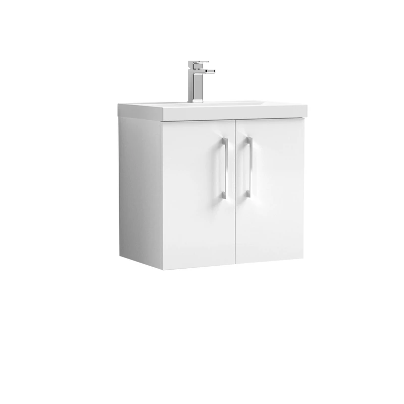 nuie ARN123D Arno Modern Bathroom Wall Hung 2 Door Vanity Unit with Thin-Edge Ceramic Basin, Gloss White