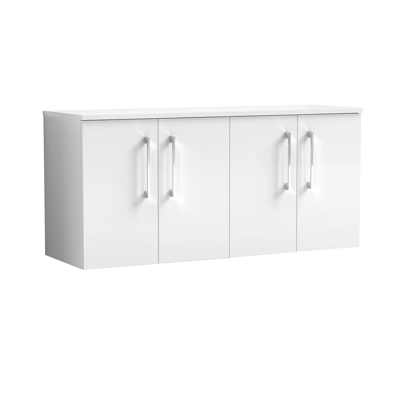 nuie ARN123W2 Arno Modern Bathroom Wall Hung 4 Door Double Vanity Unit with Colour Worktop, 1200mm, Gloss White