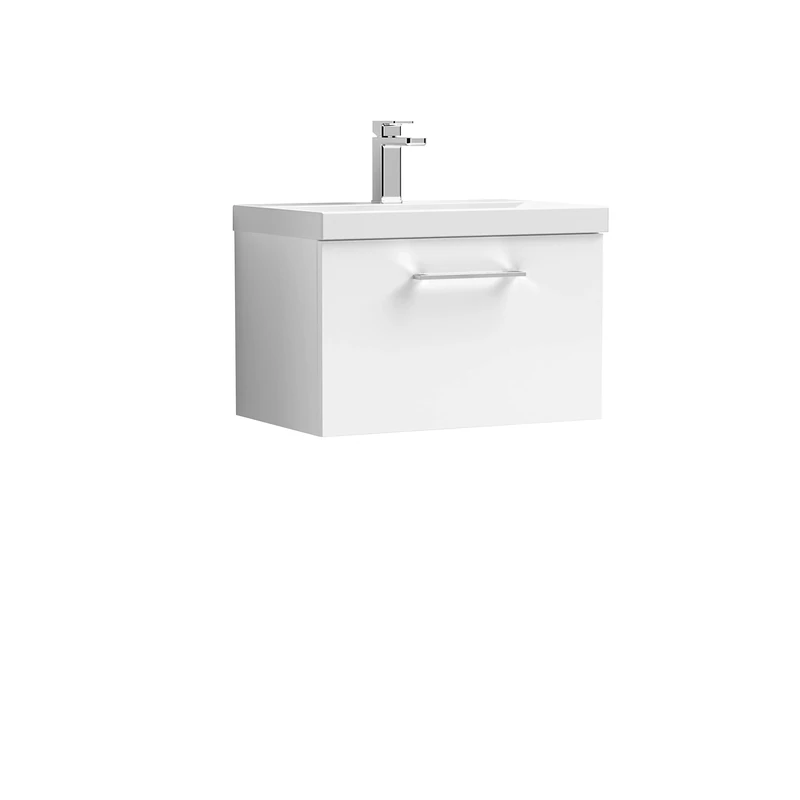 nuie ARN122A Arno Modern Bathroom Wall Hung 1 Drawer Vanity Unit with Mid-Edge Ceramic Basin, 600mm, Gloss White