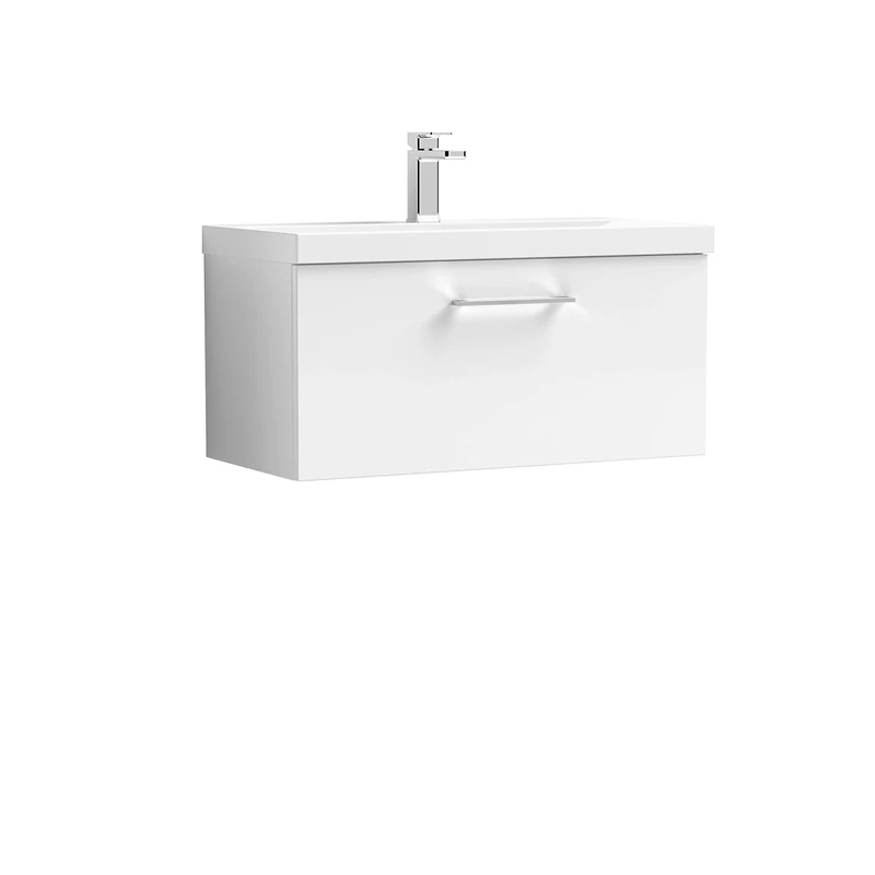 nuie ARN125D Arno Modern Bathroom Wall Hung 1 Drawer Vanity Unit with Thin-Edge Ceramic Basin, 800mm, Gloss White