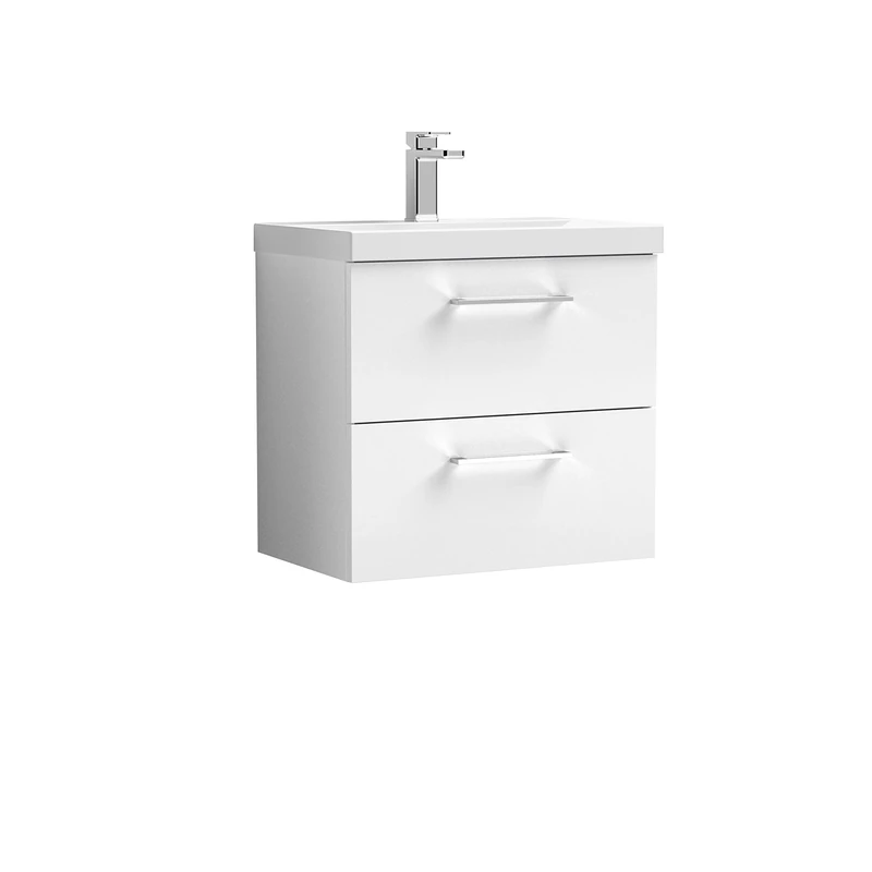 nuie ARN124D Arno Modern Bathroom Wall Hung 2 Drawer Vanity Unit with Thin-Edge Ceramic Basin, 600mm, Gloss White