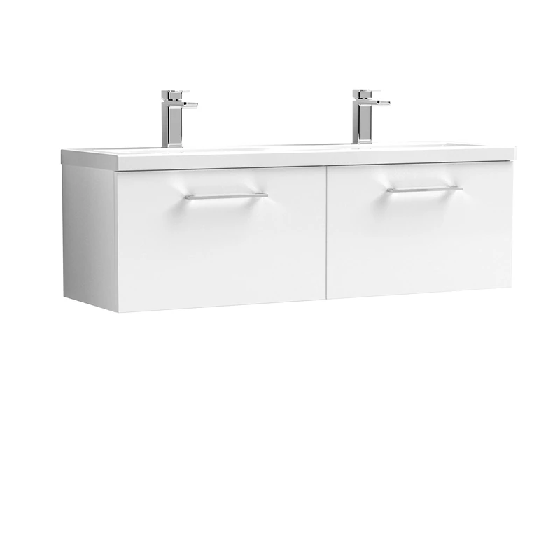 nuie ARN122F Arno Modern Bathroom Wall Hung 2 Drawer Double Vanity Unit with Twin Ceramic Basin, Gloss White