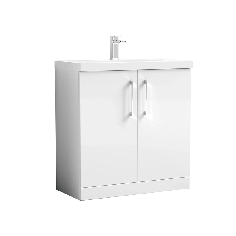nuie ARN105A Arno Modern Bathroom Floor Standing 2 Door Vanity Unit with Mid-Edge Ceramic Basin, Gloss White