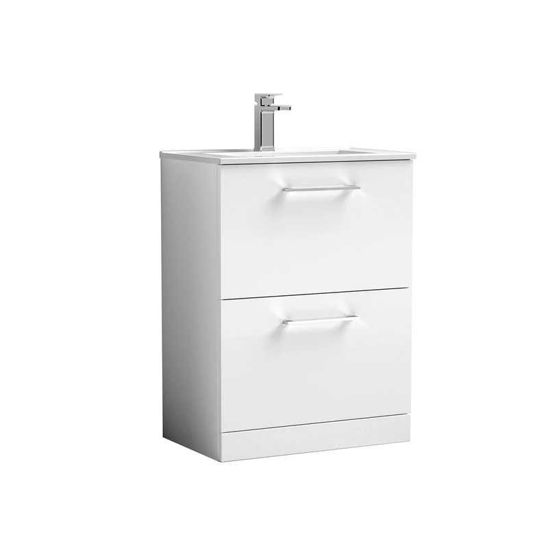 nuie ARN133B Arno Modern Bathroom Floor Standing 2 Drawer Vanity Unit with Minimalist Ceramic Basin, Gloss White