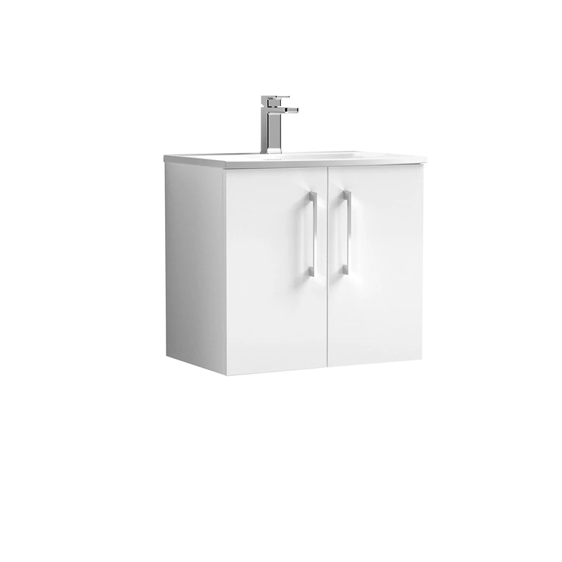 nuie ARN123G Arno Modern Bathroom Wall Hung 2 Door Vanity Unit with Curved Ceramic Basin, Gloss White