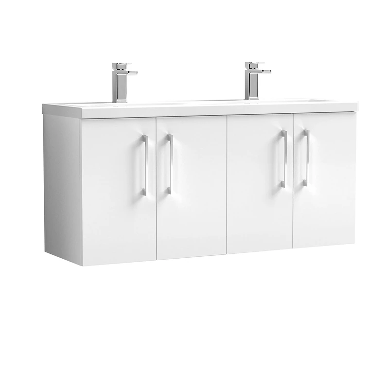 nuie Modern Bathroom Wall Hung 4 Door Double Vanity Unit with Twin Ceramic Basin, Gloss White, 1200mm