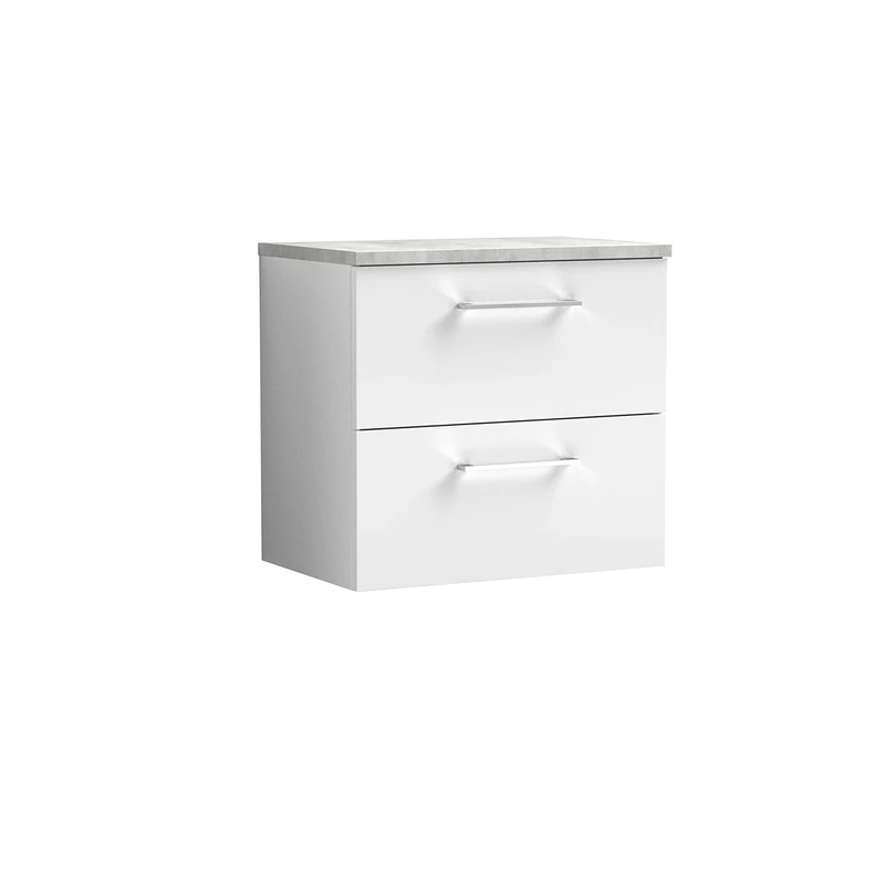 nuie Modern Bathroom Wall Hung 2 Drawer Vanity Unit with Laminate Worktop, Gloss White, 600mm