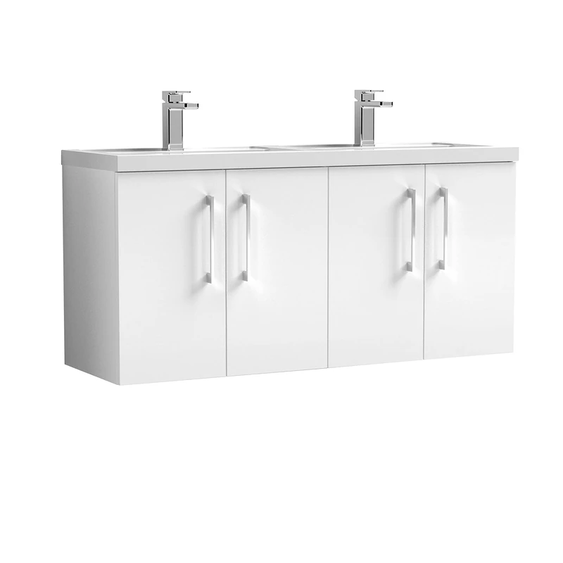 nuie ARN123C Arno Modern Bathroom Wall Hung 4 Door Double Vanity Unit with Twin Polymarble Basin, Gloss White