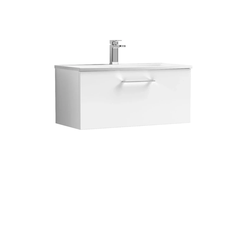 nuie ARN125G Arno Modern Bathroom Wall Hung 1 Drawer Vanity Unit with Curved Ceramic Basin, Gloss White