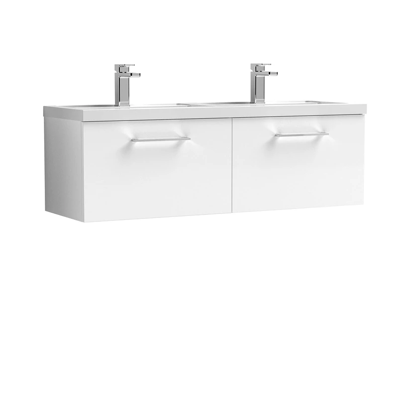 nuie ARN122C Arno Modern Bathroom Wall Hung 2 Drawer Double Vanity Unit with Twin Polymarble Basin, Gloss White
