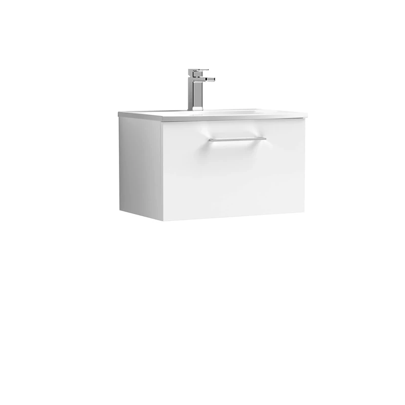 nuie ARN122G Arno Modern Bathroom Wall Hung 1 Drawer Vanity Unit with Curved Ceramic Basin, Gloss White