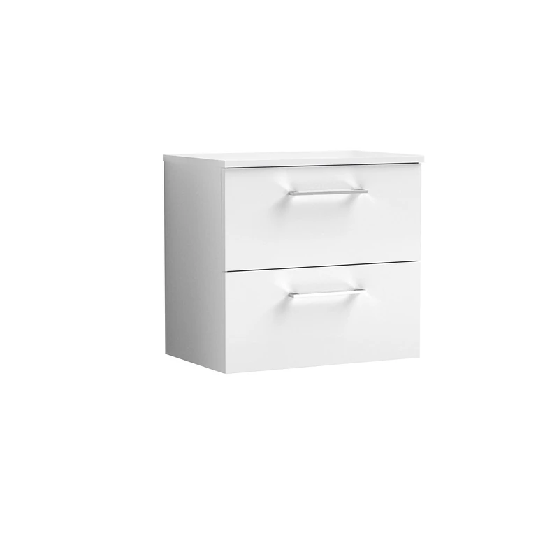 nuie ARN124W Arno Modern Bathroom Wall Hung 2 Drawer Vanity Unit with Colour Worktop, Gloss White