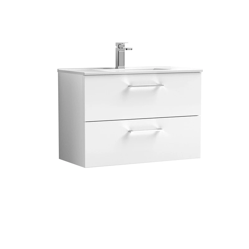 nuie ARN126B Arno Modern Bathroom Wall Hung 2 Drawer Vanity Unit with Minimalist Ceramic Basin, Gloss White