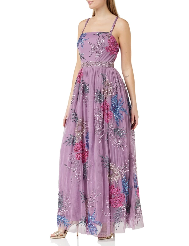 Maya Deluxe Women's Sequin Dress for Ladies Maxi Stripes Floral Embellishment Sleeveless Wedding Guest Prom Bridesmaid Formal, Purple, 12