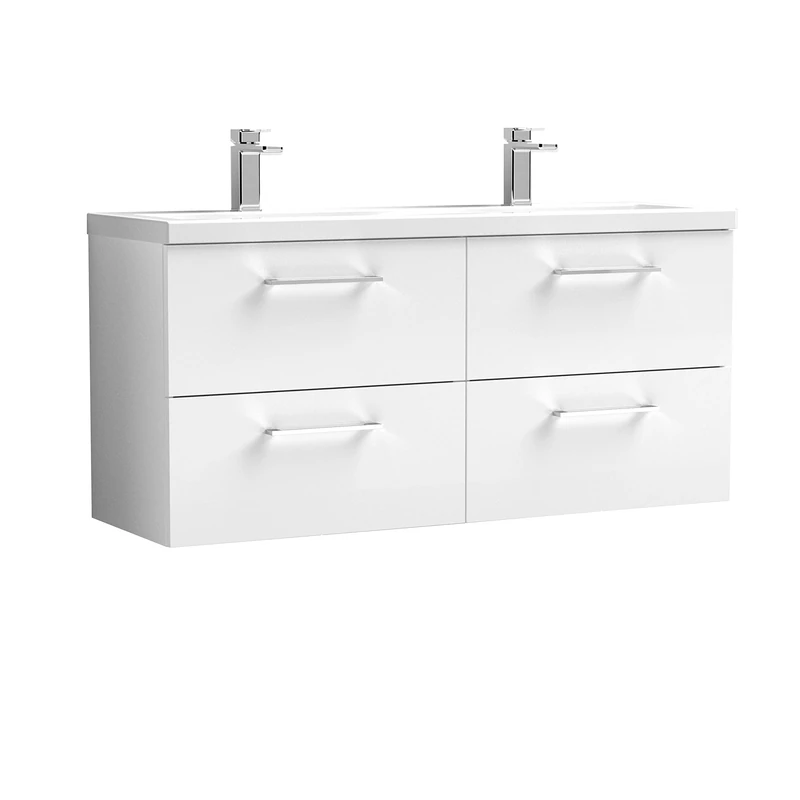 nuie ARN124F Arno Modern Bathroom Wall Hung 4 Drawer Double Vanity Unit with Twin Ceramic Basin, Gloss White