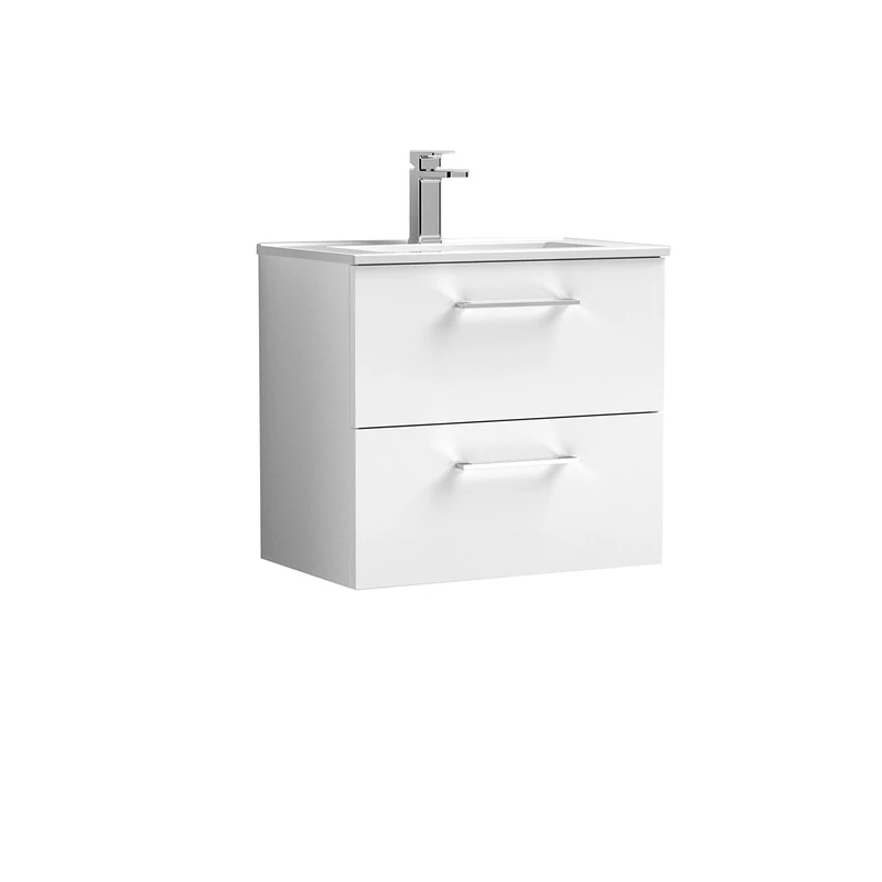 nuie ARN124B Arno Modern Bathroom Wall Hung 2 Drawer Vanity Unit with Minimalist Ceramic Basin, Gloss White