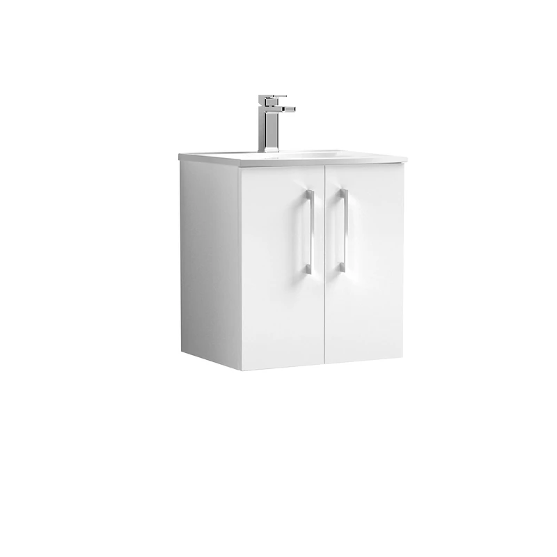 nuie ARN121G Arno Modern Bathroom Wall Hung 2 Door Vanity Unit with Curved Ceramic Basin, Gloss White