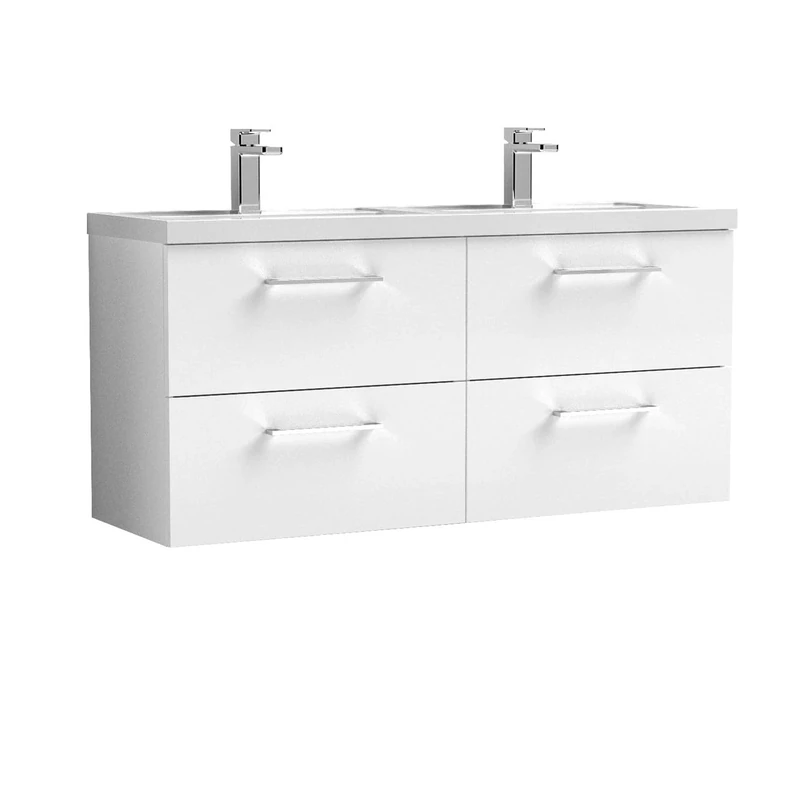 nuie ARN124C Arno Modern Bathroom Wall Hung 4 Drawer Double Vanity Unit with Twin Polymarble Basin, Gloss White