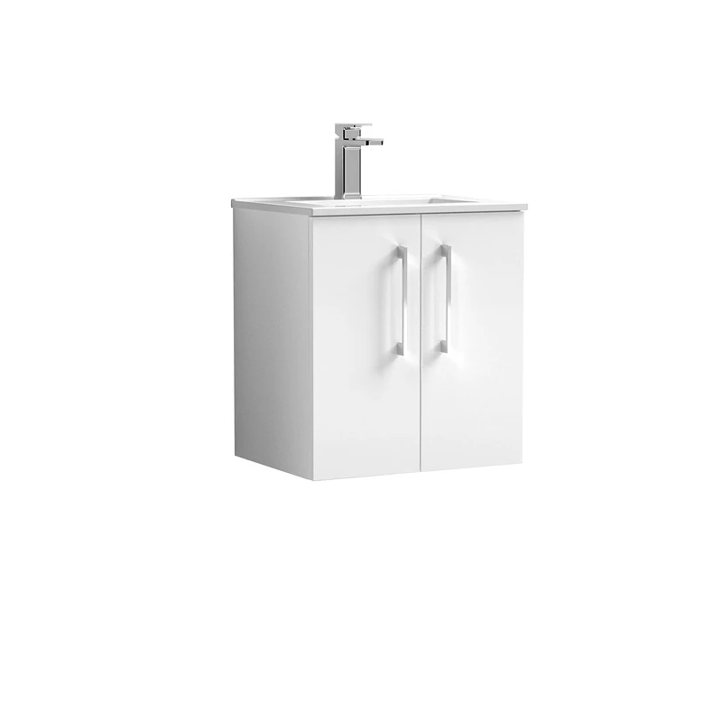 nuie ARN121B Arno Modern Bathroom Wall Hung 2 Door Vanity Unit with Minimalist Ceramic Basin, Gloss White