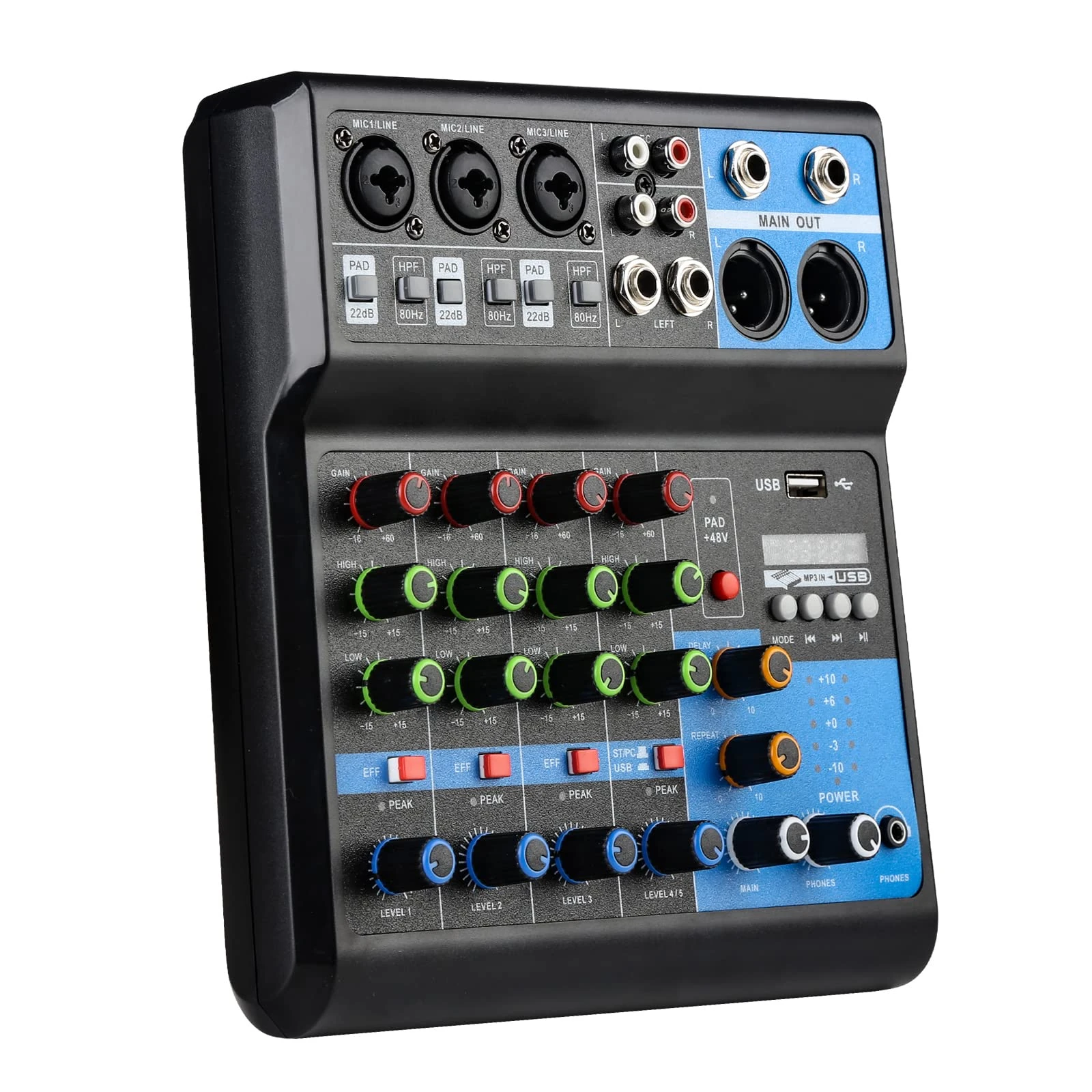 Audio Mixer Channel, Sounds Mixer for Streaming. Mixing Board Console With DJ Mixer 5 Channel, Usb Audio Interface and 48V Phantom Power Mixer, DJ Studio Sound Board with FX Reverb Delay Effect.