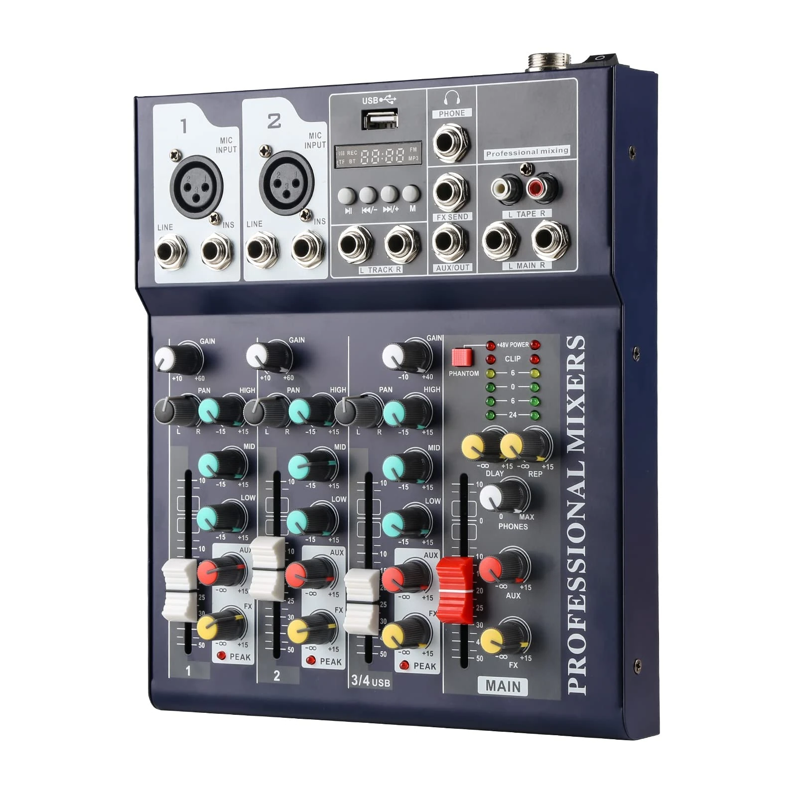 Audio Mixer Channel, Sounds Mixer for Streaming. Mixing Board Console With DJ Mixer 4 Channel, Usb Audio Interface and 48V Phantom Power Mixer, DJ Studio Sound Board with FX Reverb Delay Effect.