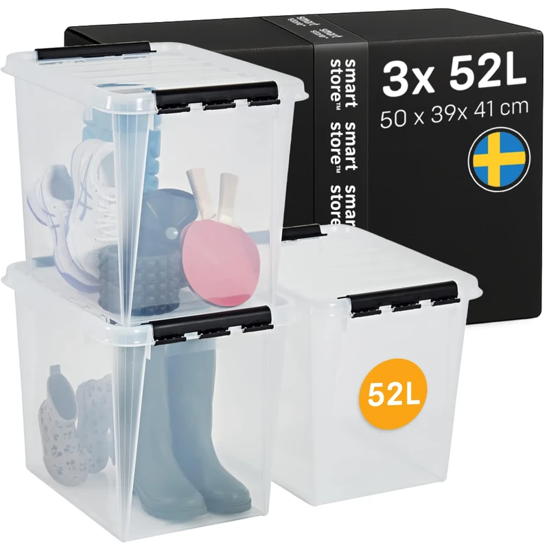 SmartStore - 3x Plastic Storage Box with Lid Classic 52L (50x39x41cm) |Plastic Storage Drawers with Lid|Food-Safe Material|Kitchen & Organisation|Durable Container for Home & Office|10-Year Warranty