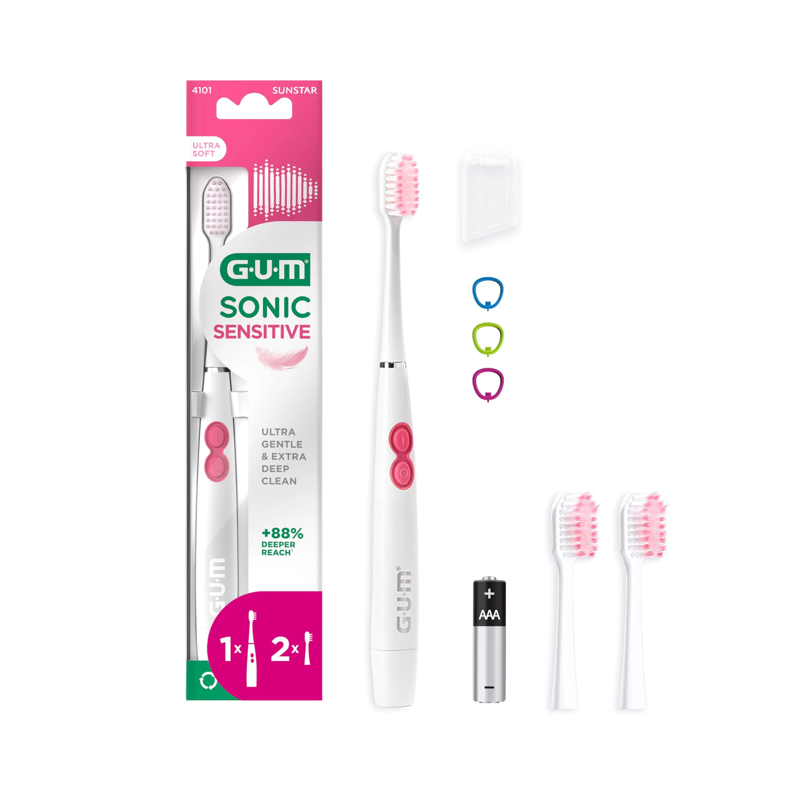 GUM Sonic Sensitive Battery Powered Electric Toothbrush | Highly Portable | Provides Ultra Gentle and Deep Clean | x1 Brush, x2 Replacement Heads, x1 Battery AAA | White