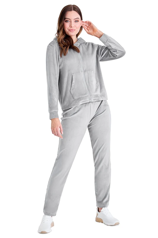 CityComfort Velour Womens Tracksuit Set Adults Teenagers Comfy Velvet Lounge Set 2 Piece Zip Up Long Sleeve Hooded Sweatshirt & Joggers Lounge Wear (S, Grey)