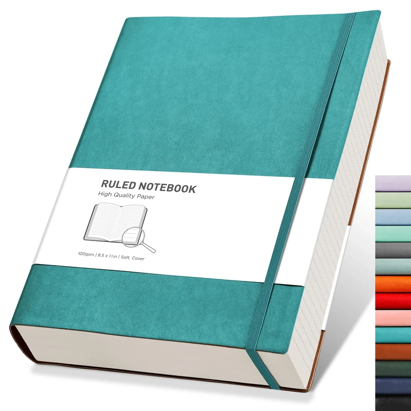 RETTACY A4 Lined Notebook College Ruled/Thick Journal - Extra Large Softcover Composition Notebooks with 2 Free Sticky Notes 320 Pages,Faux Leather, Inner Pocket 21.5 x 27.9cm - Cyan