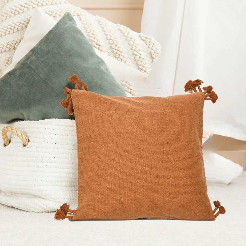 Creative Co-op 20" Square Canvas Pillow Tassels Decorative Pillow Cover, Rust - Image 1